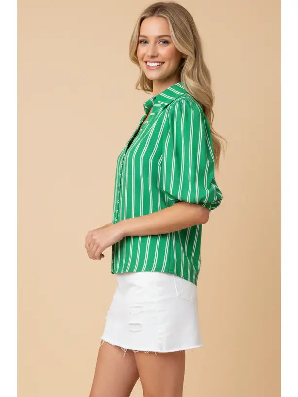 Striped Puff Sleeve Collared Blouse