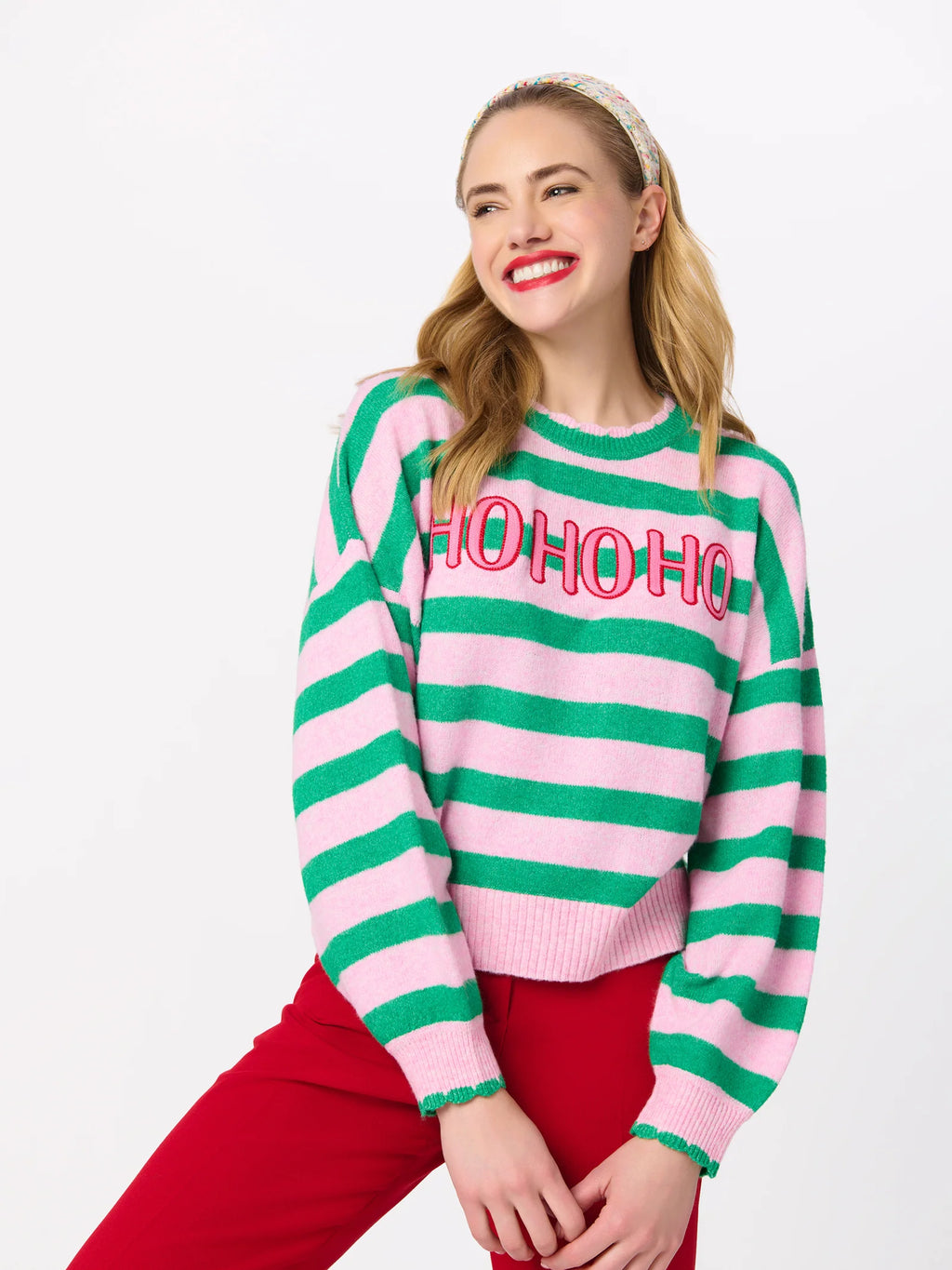 Shiraleah "Ho Ho Ho" Scallop Trim Relaxed Sweater, Green