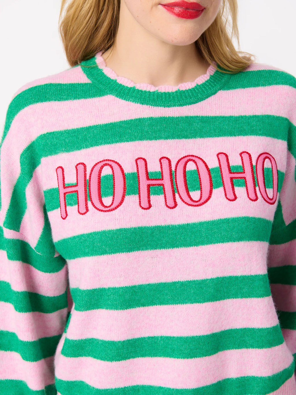 Shiraleah "Ho Ho Ho" Scallop Trim Relaxed Sweater, Green