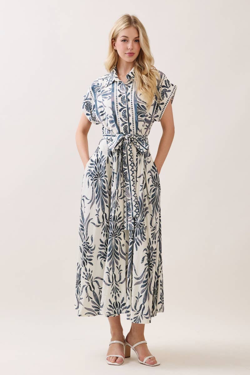 Boarder Print Button Down Maxi Dress Blue