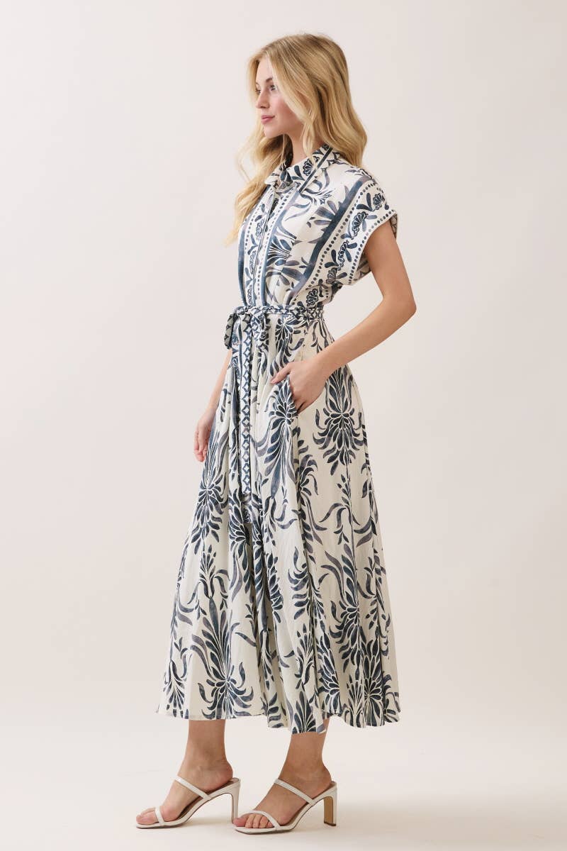 Boarder Print Button Down Maxi Dress Blue