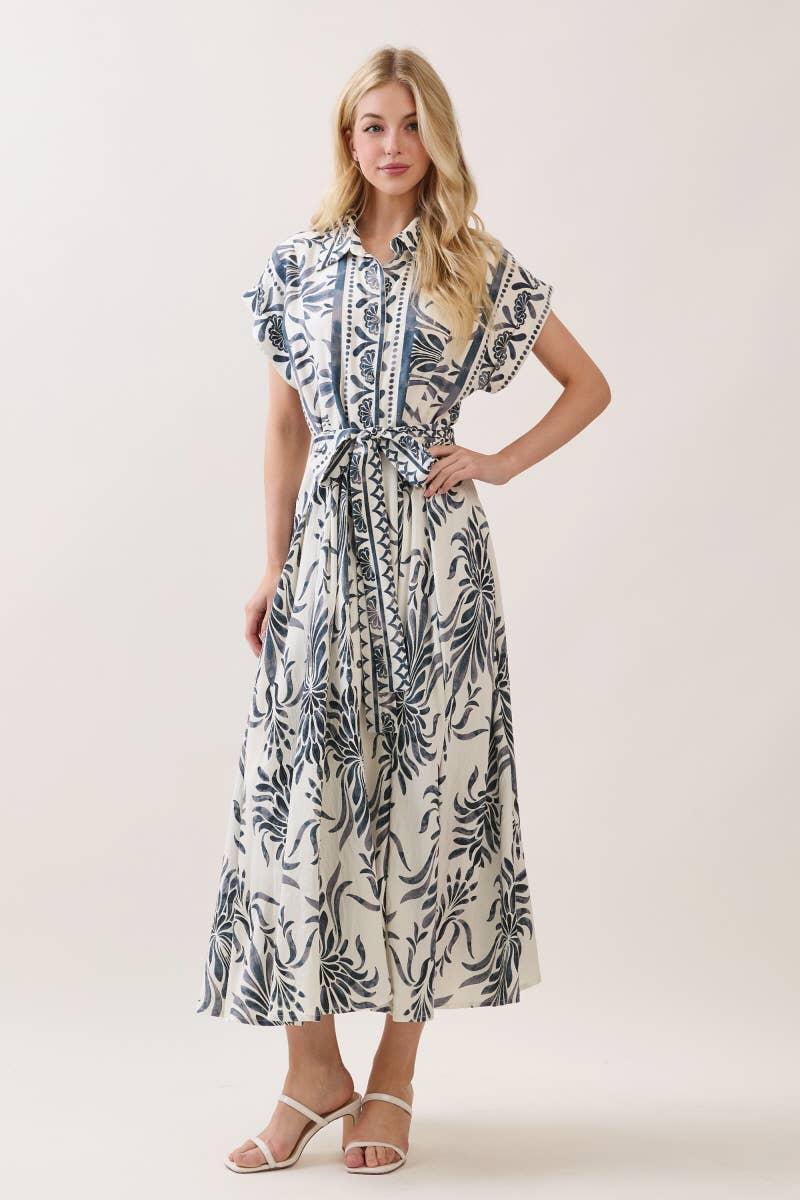 Boarder Print Button Down Maxi Dress Blue