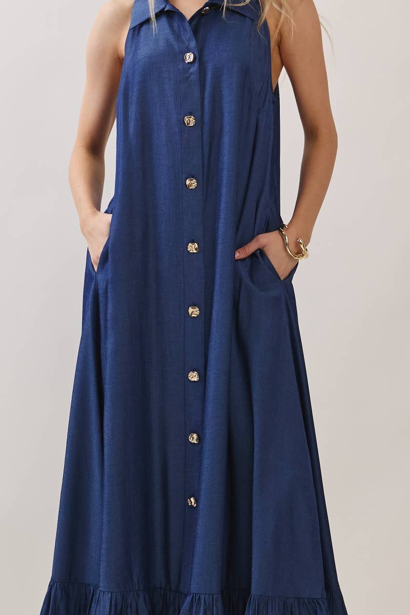 Solid Sleeveless Button Down Maxi Dress Denim Blue