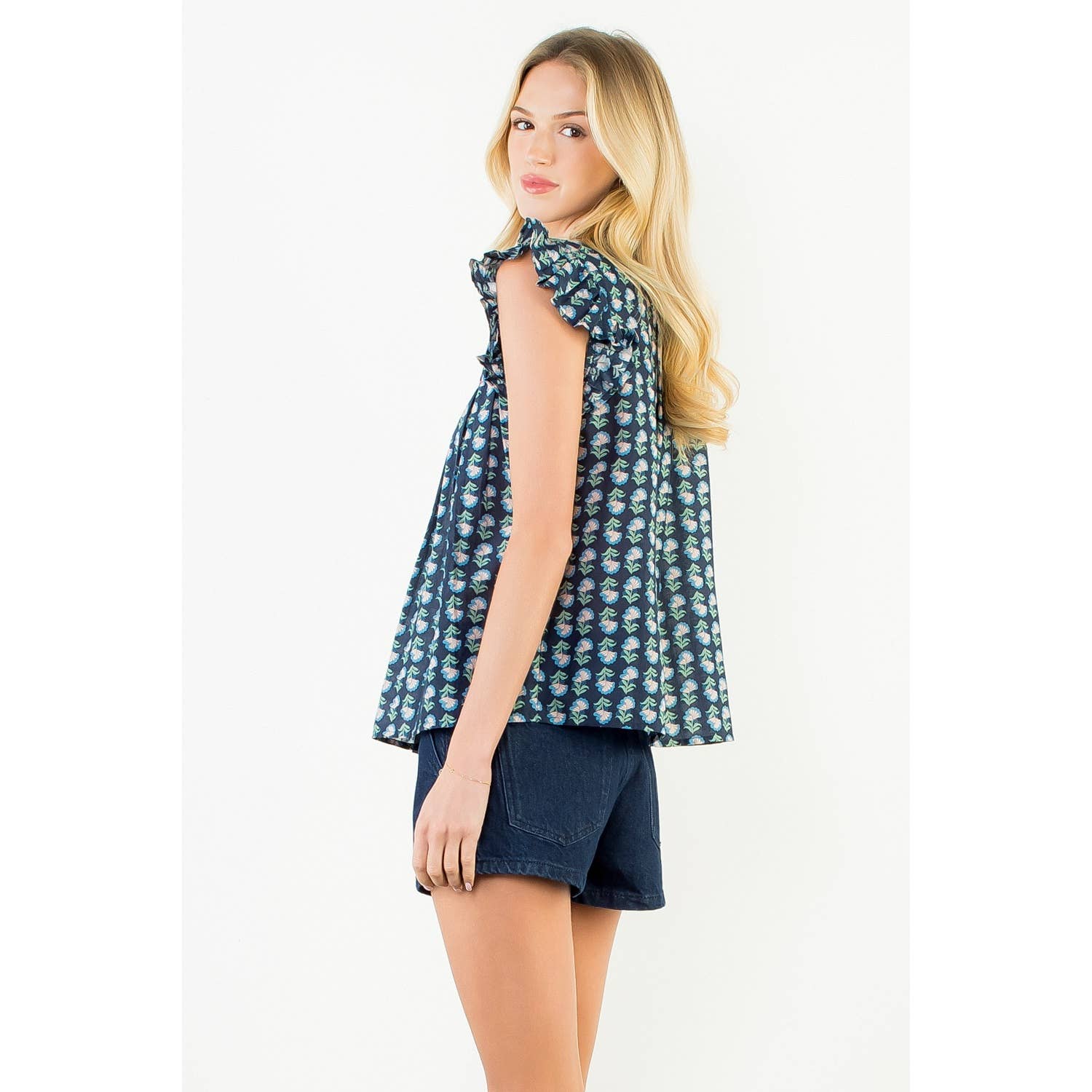Flutter Sleeve Button Top Navy