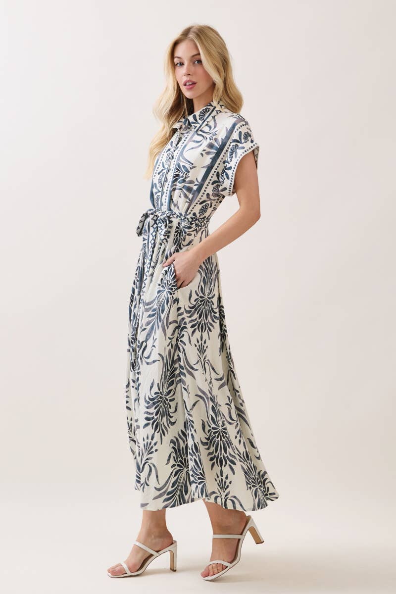 Boarder Print Button Down Maxi Dress Blue