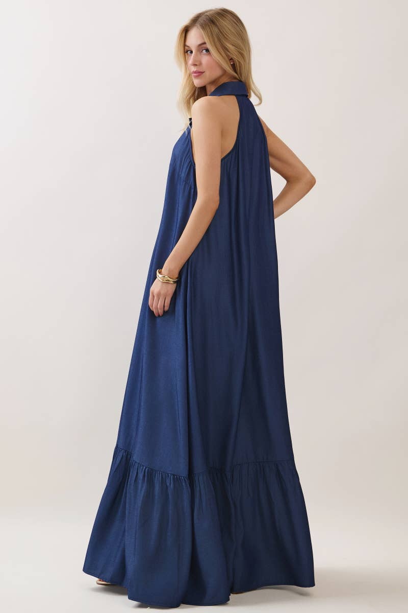 Solid Sleeveless Button Down Maxi Dress Denim Blue