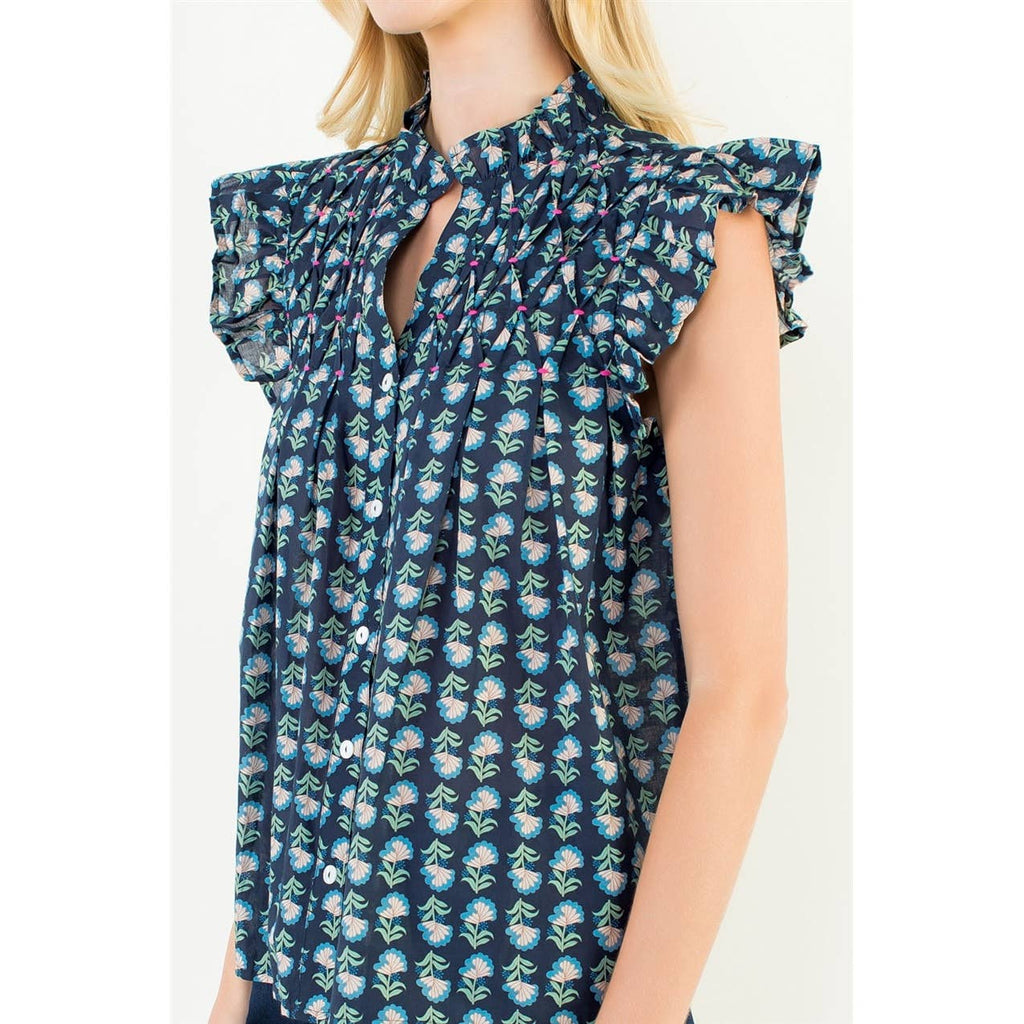 Flutter Sleeve Button Top Navy