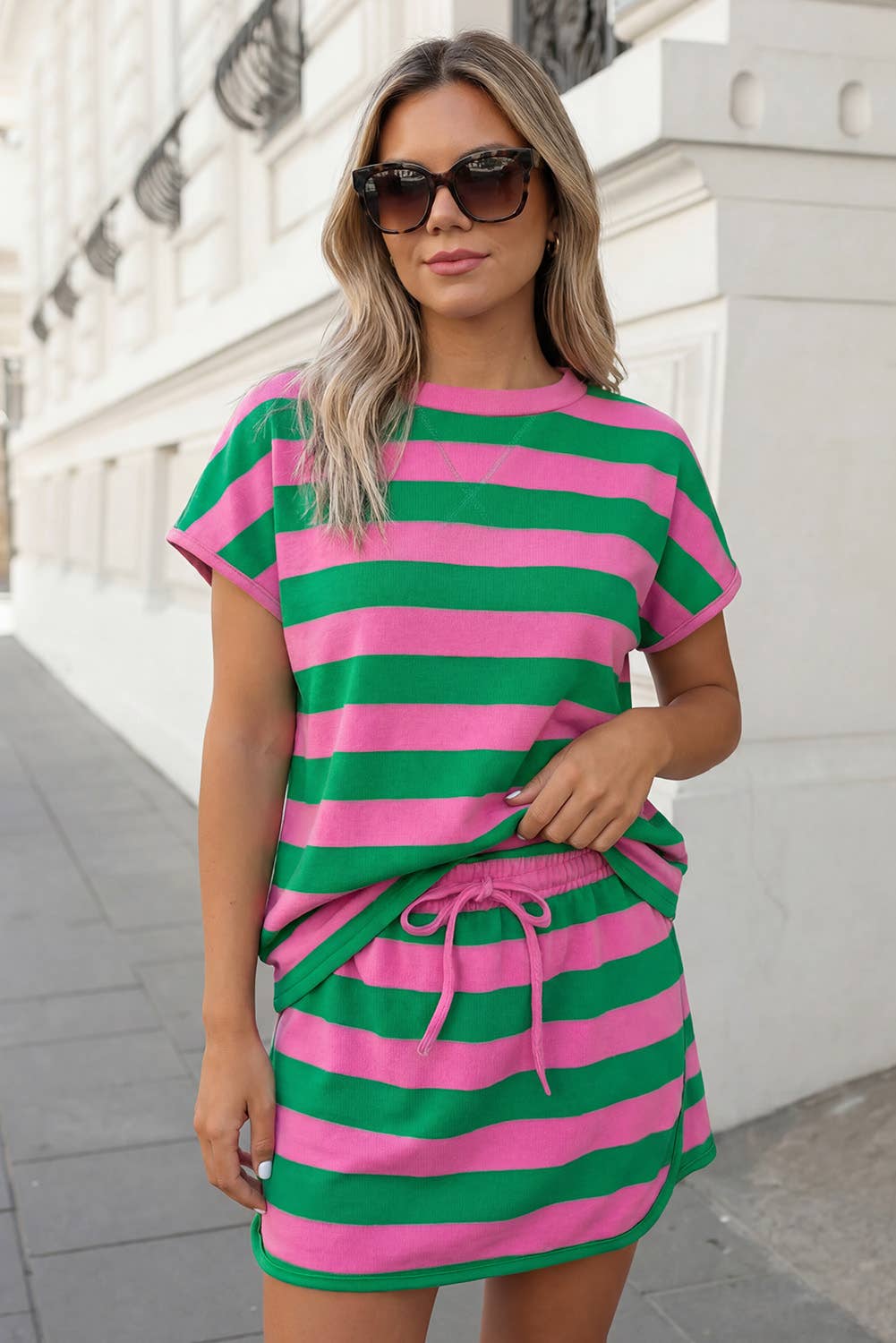 Striped Print Tee & Skort 2pcs Set