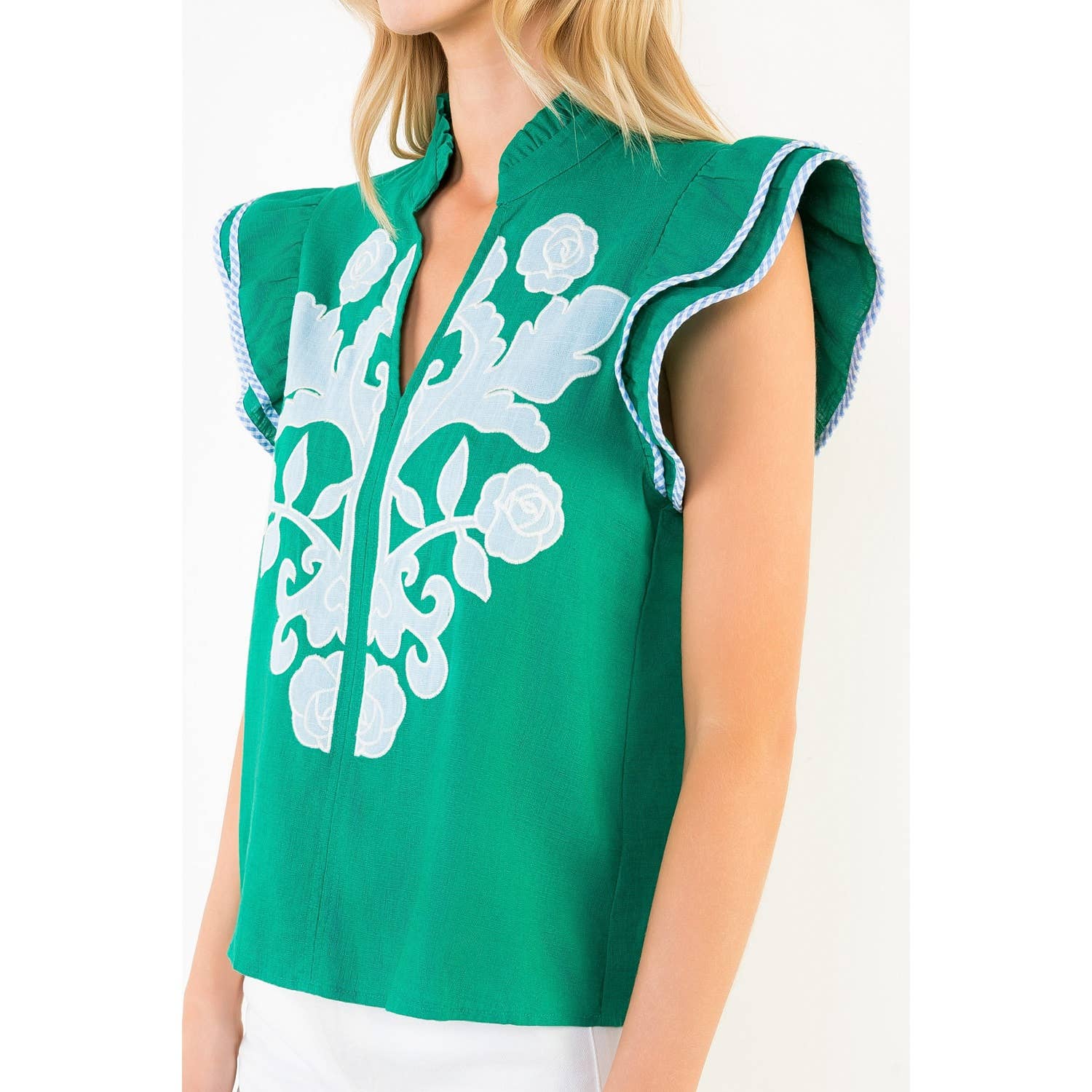 Embroidered Top With Ruffled Stripe Sleeves Green
