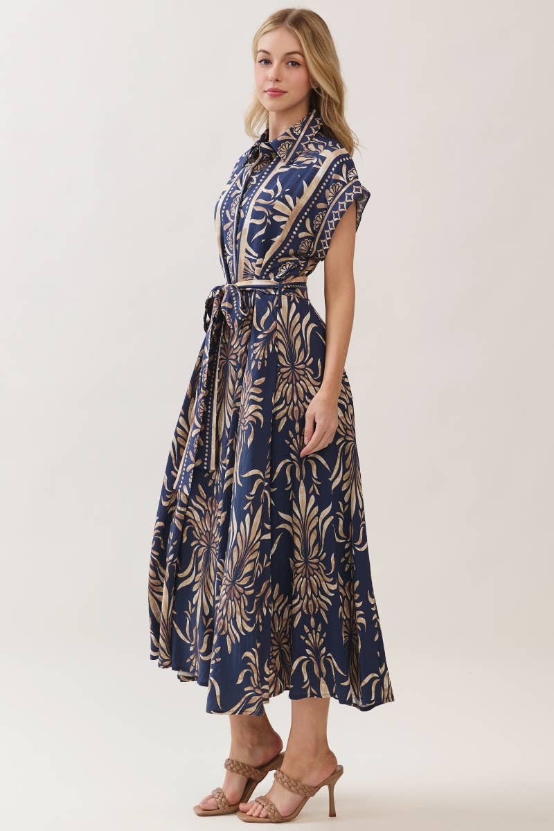 Boarder Print Button Down Maxi Dress Navy