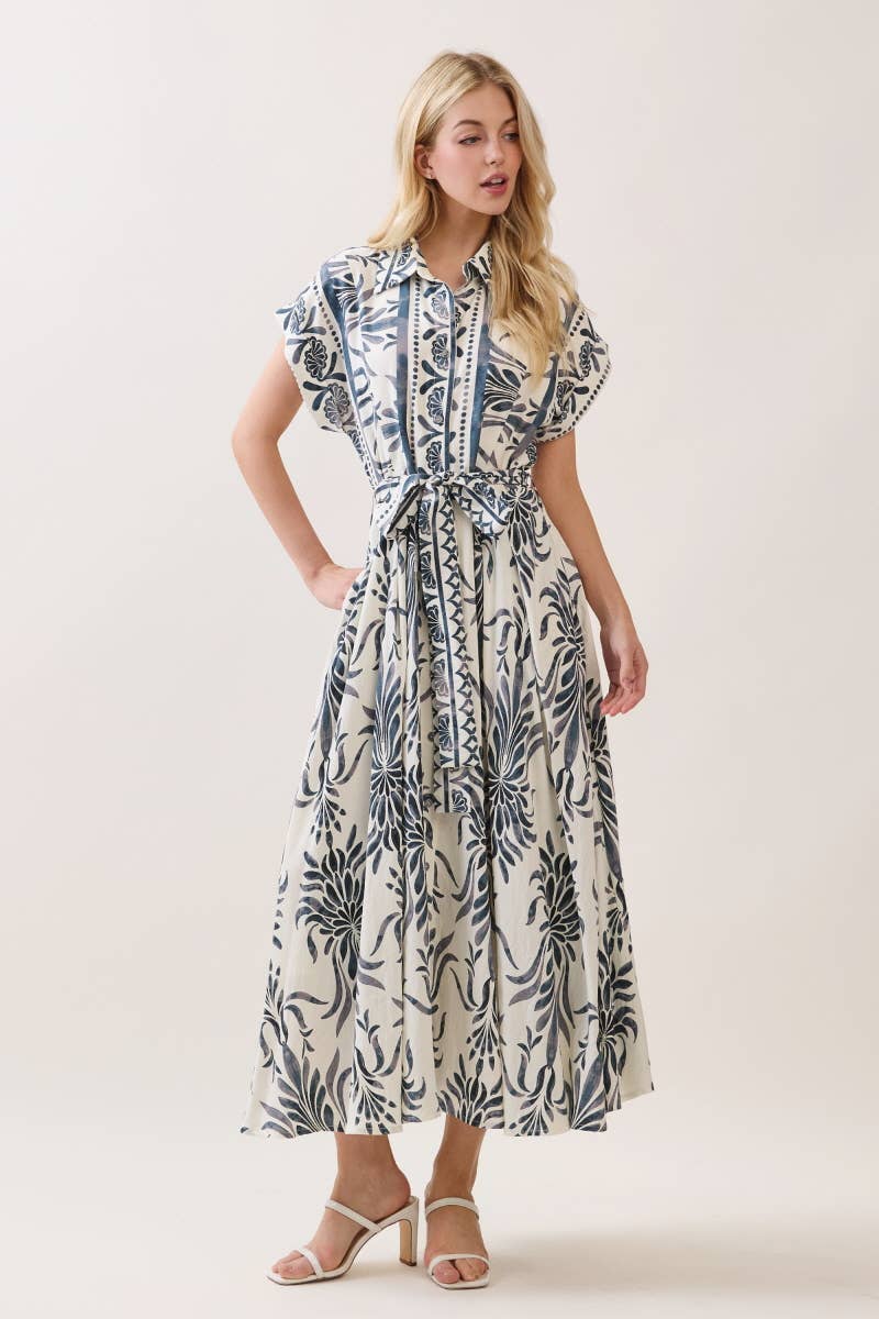 Boarder Print Button Down Maxi Dress Blue
