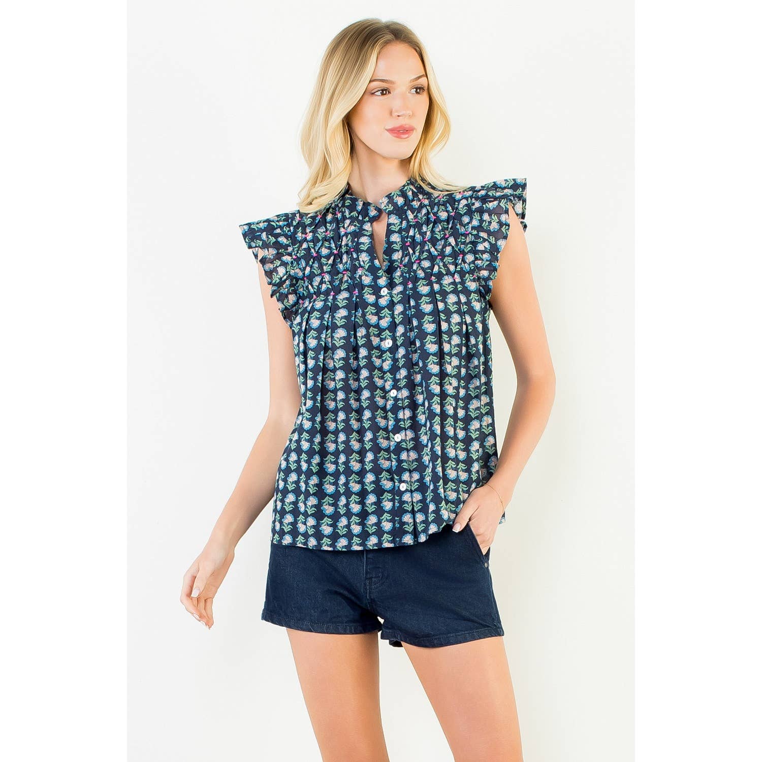 Flutter Sleeve Button Top Navy