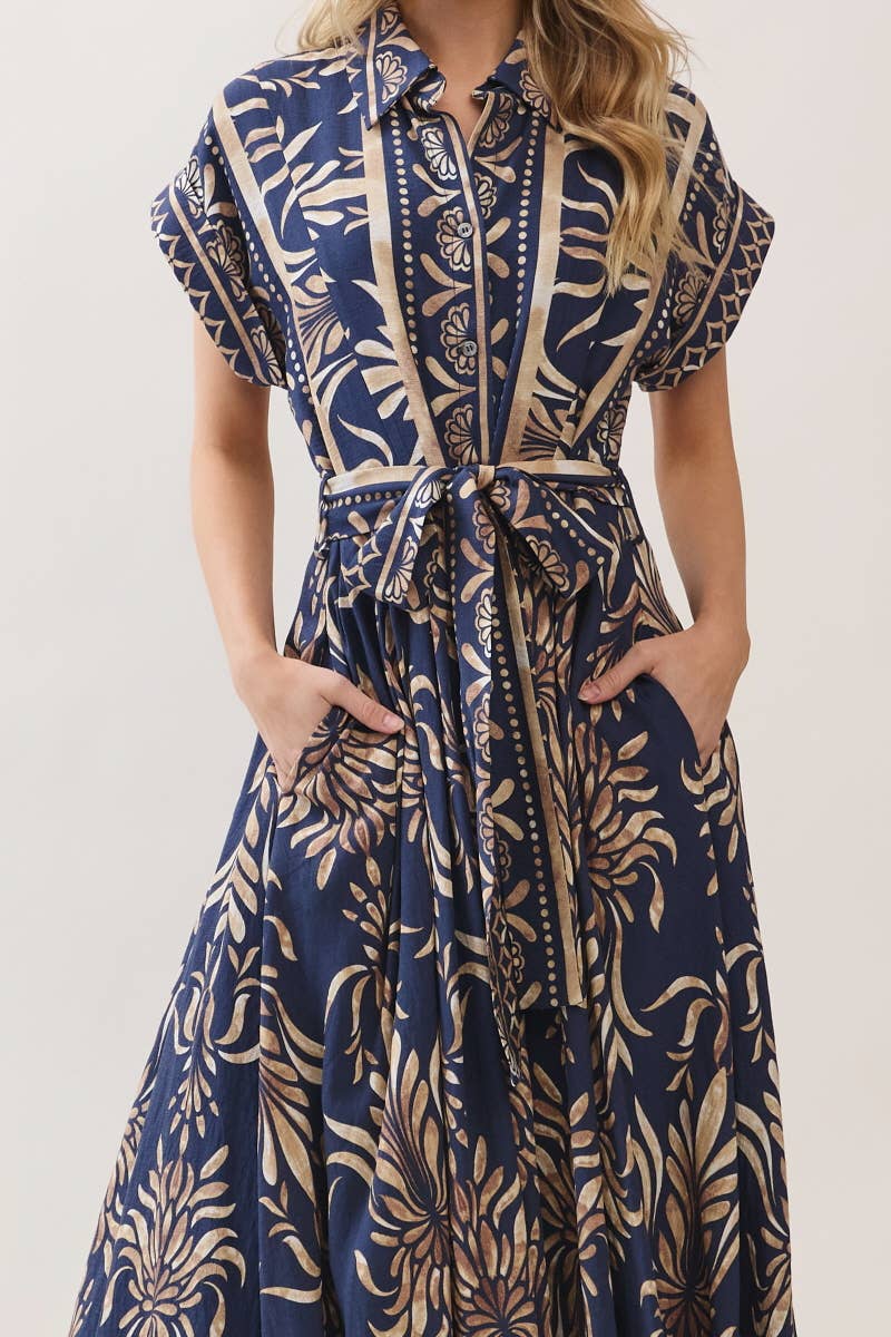 Boarder Print Button Down Maxi Dress Navy