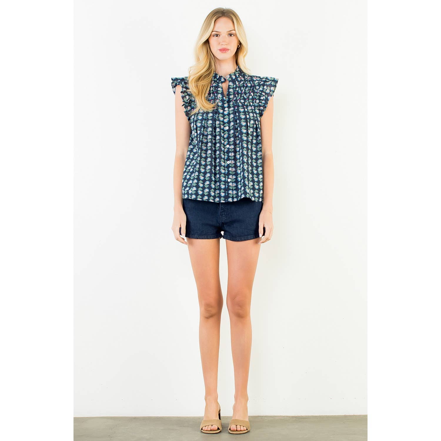 Flutter Sleeve Button Top Navy