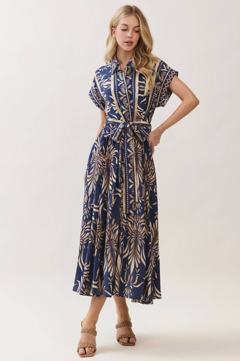 Boarder Print Button Down Maxi Dress Navy