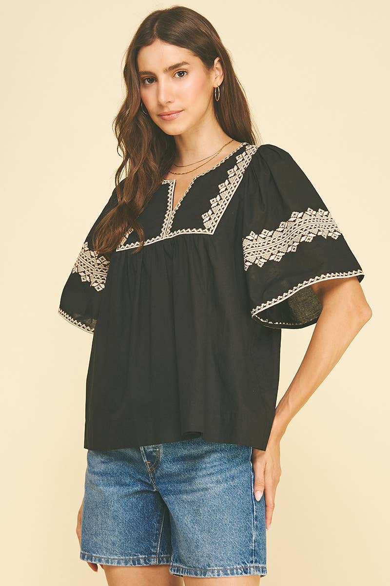 BOHO EMBROIDRED PUFF SLEEVE BLOUSE BLACK