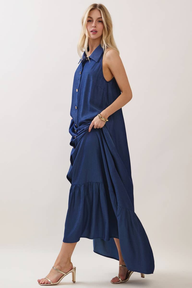 Solid Sleeveless Button Down Maxi Dress Denim Blue