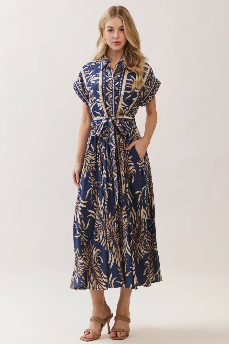 Boarder Print Button Down Maxi Dress Navy