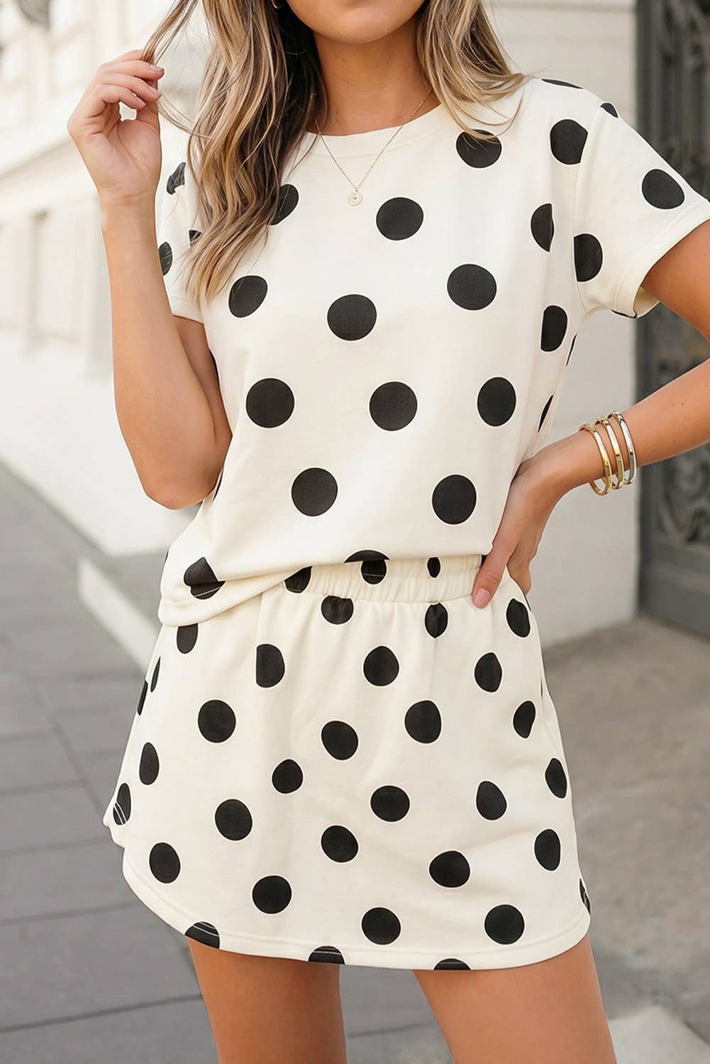 Polka Dot Print Short Sleeve Top 2pcs Skirt Set