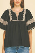 BOHO EMBROIDRED PUFF SLEEVE BLOUSE BLACK