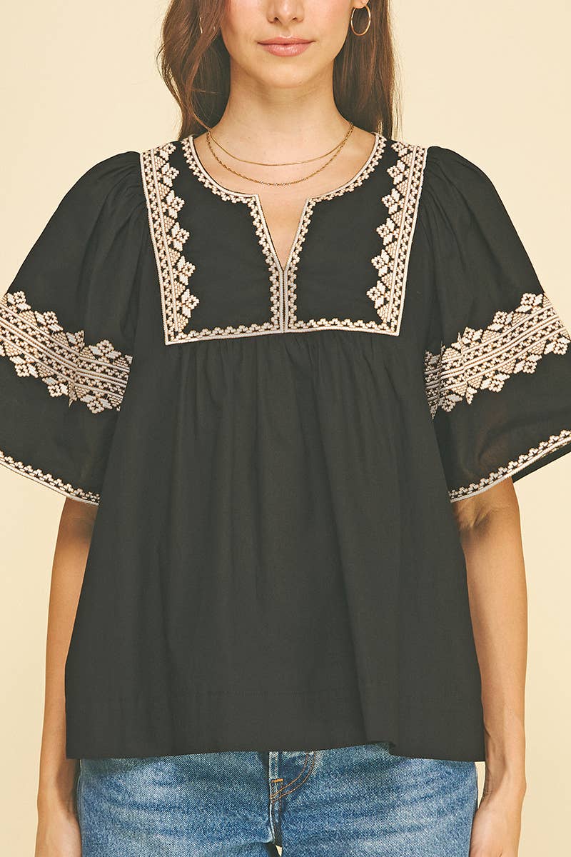 BOHO EMBROIDRED PUFF SLEEVE BLOUSE BLACK