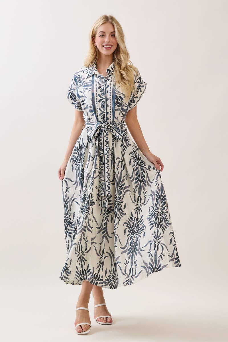 Boarder Print Button Down Maxi Dress Blue