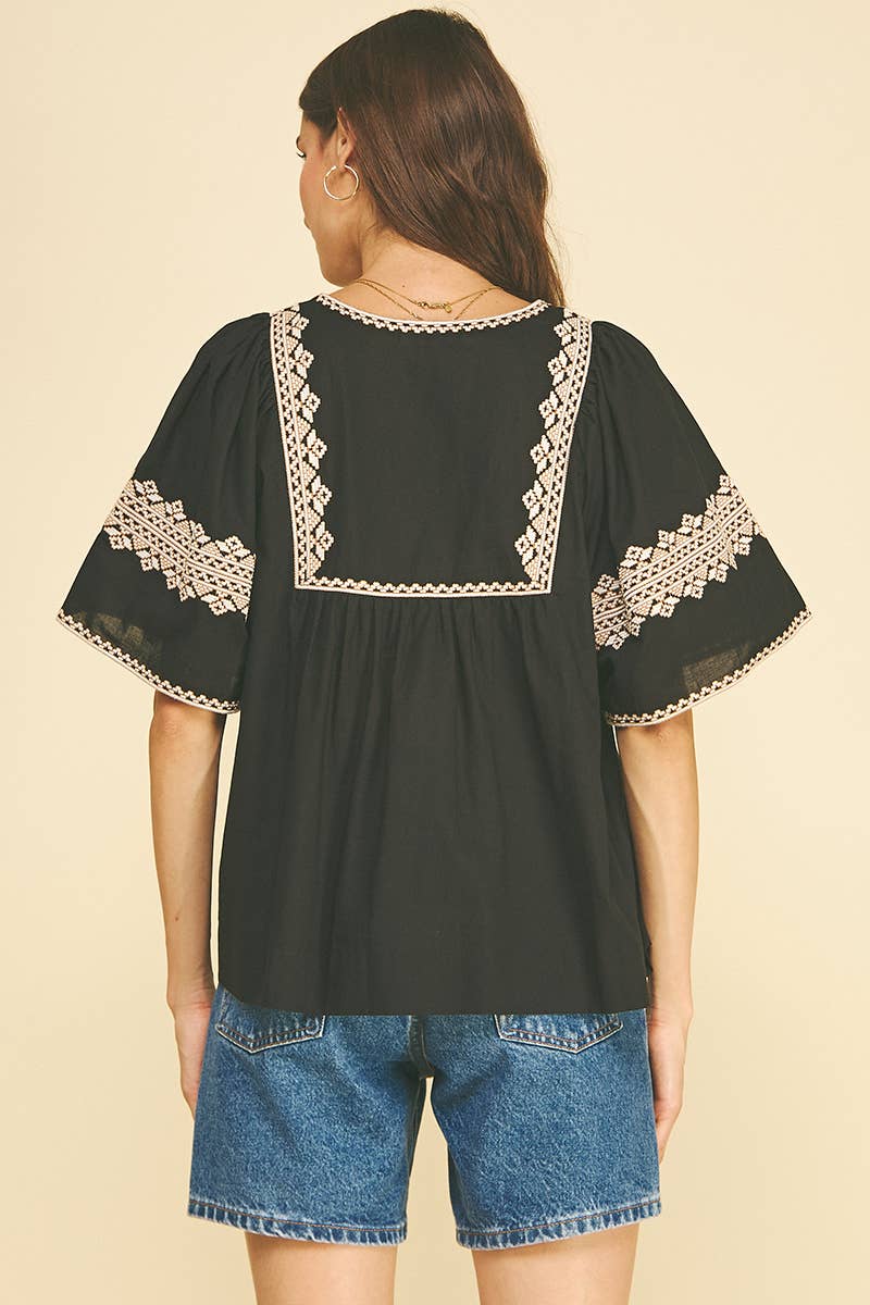 BOHO EMBROIDRED PUFF SLEEVE BLOUSE BLACK