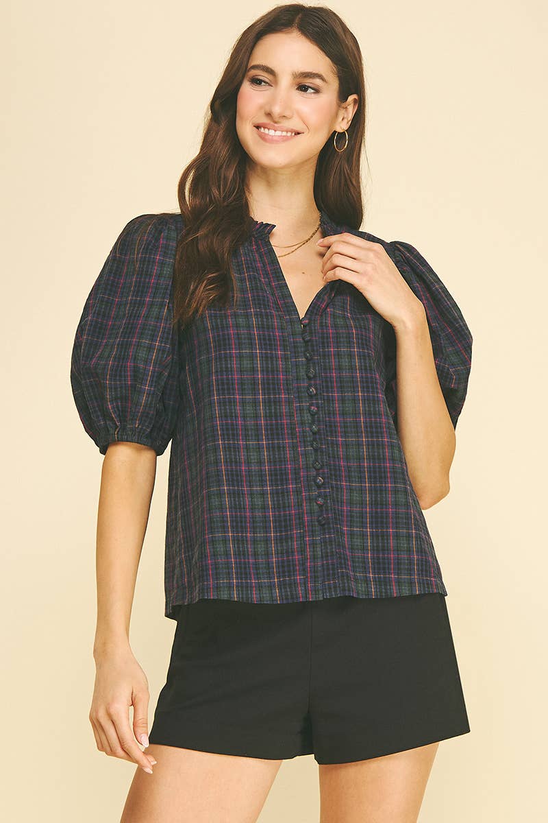 PLAID PUFF SLEEVE BLOUSE