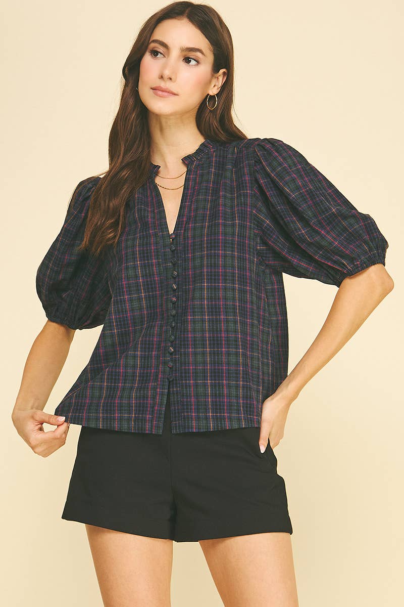PLAID PUFF SLEEVE BLOUSE