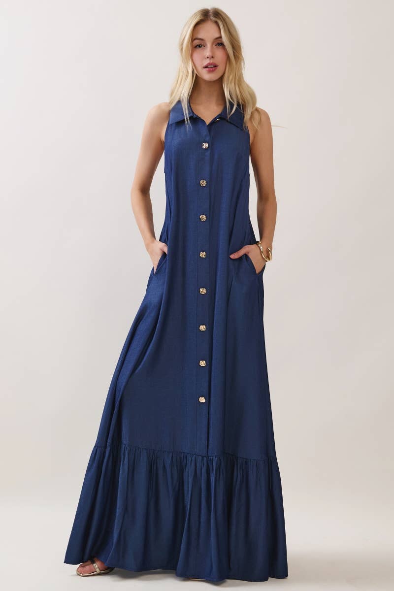Solid Sleeveless Button Down Maxi Dress Denim Blue