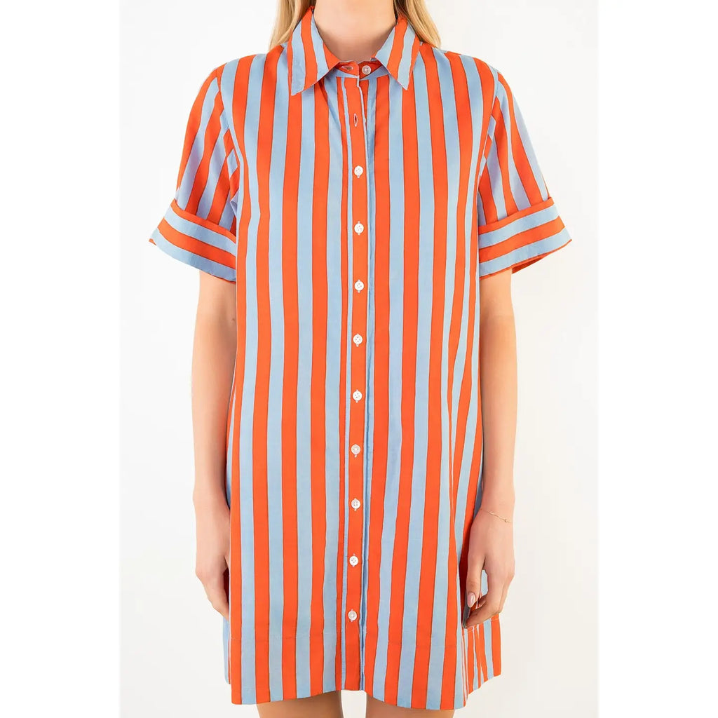 Short Sleeve Striped Button Up Dress