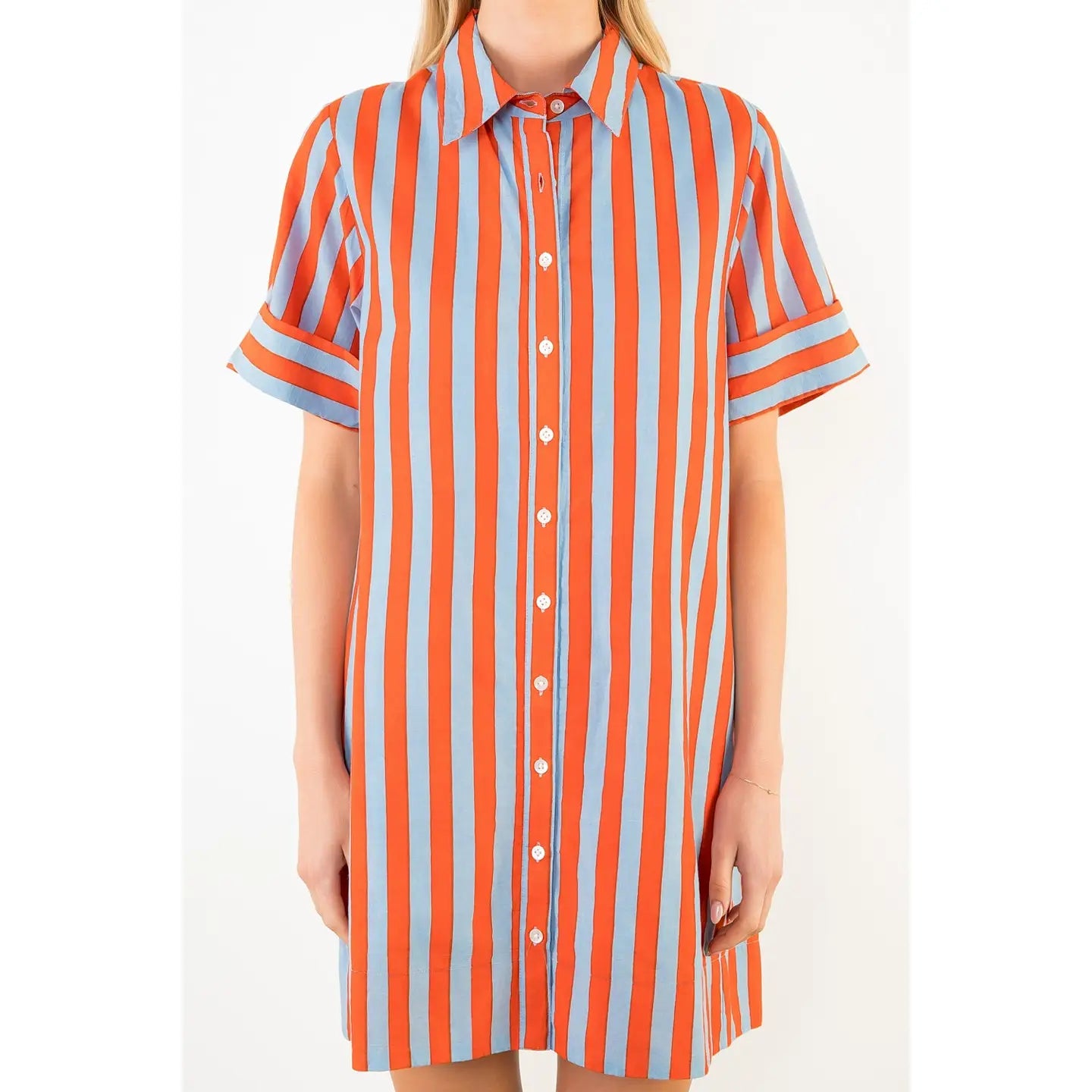 Short Sleeve Striped Button Up Dress