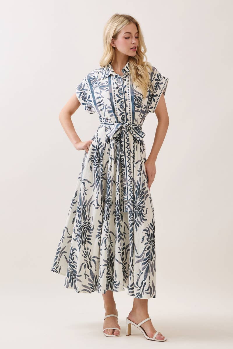 Boarder Print Button Down Maxi Dress Blue