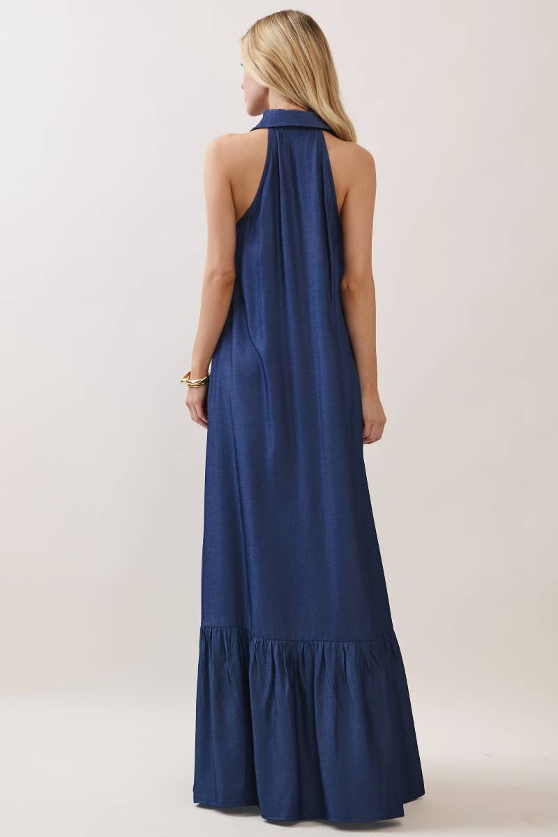 Solid Sleeveless Button Down Maxi Dress Denim Blue