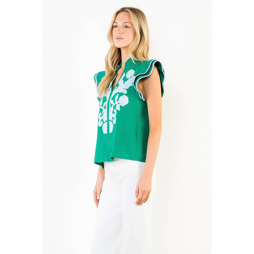 Embroidered Top With Ruffled Stripe Sleeves Green
