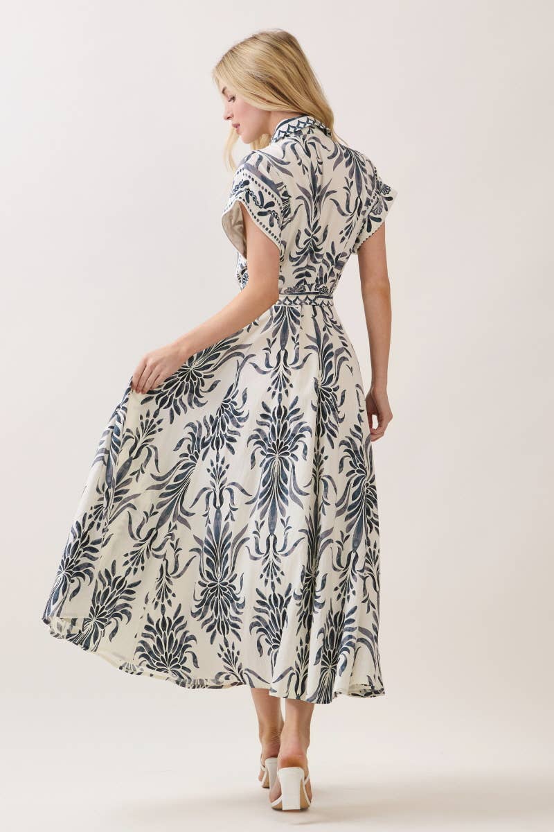 Boarder Print Button Down Maxi Dress Blue