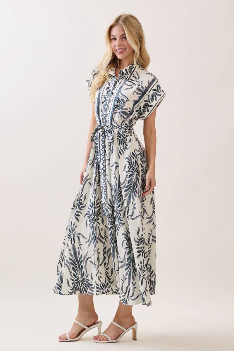 Boarder Print Button Down Maxi Dress Blue
