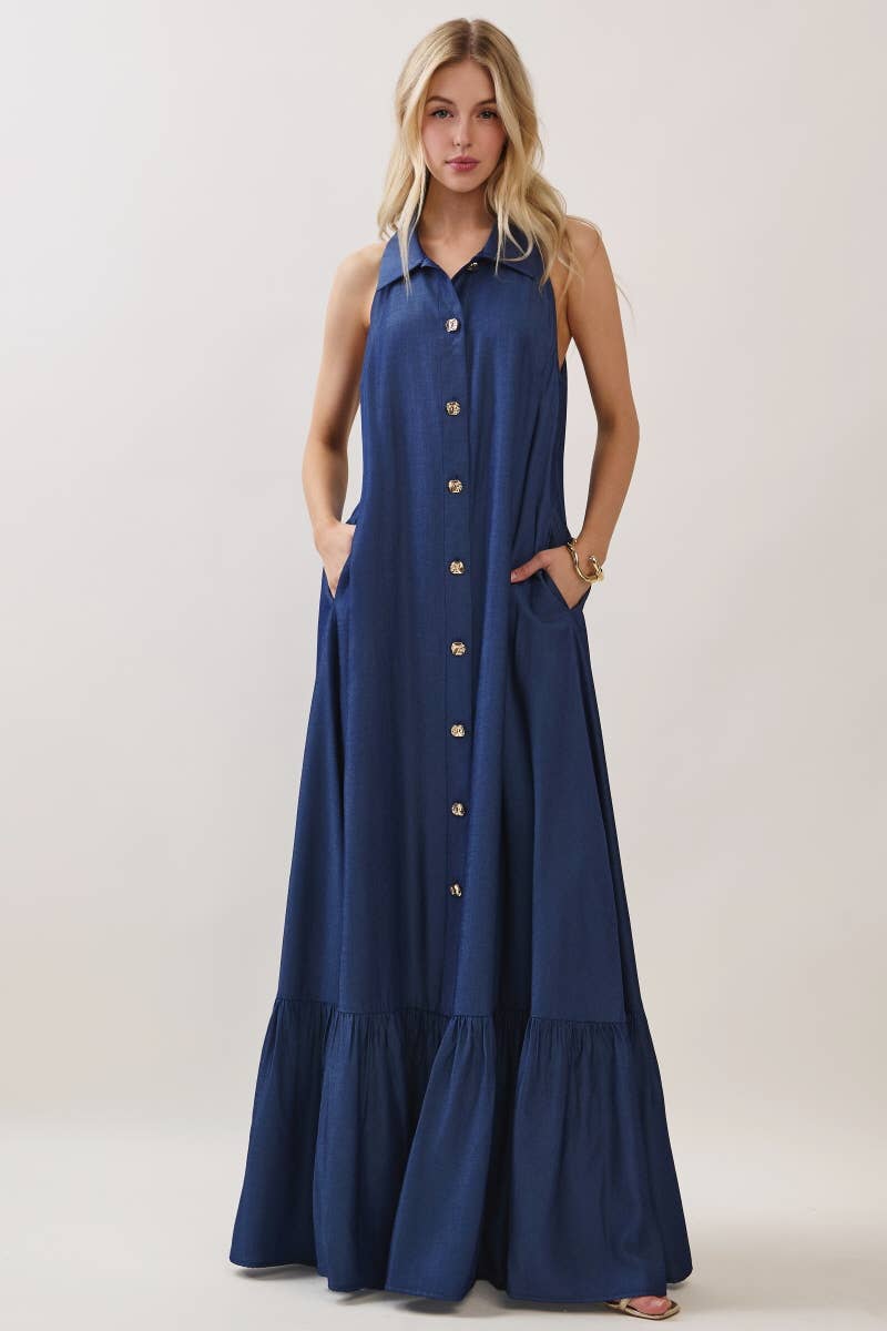Solid Sleeveless Button Down Maxi Dress Denim Blue