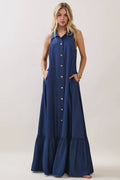 Solid Sleeveless Button Down Maxi Dress Denim Blue