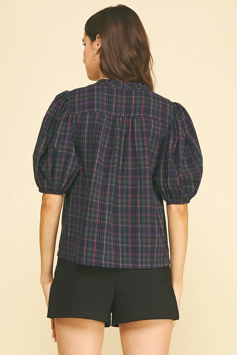PLAID PUFF SLEEVE BLOUSE