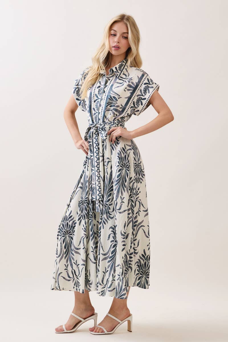 Boarder Print Button Down Maxi Dress Blue
