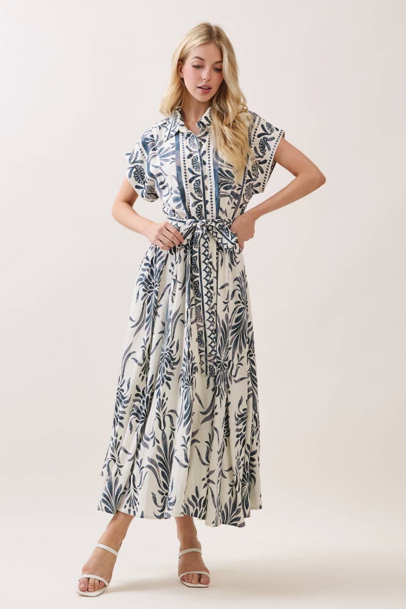 Boarder Print Button Down Maxi Dress Blue