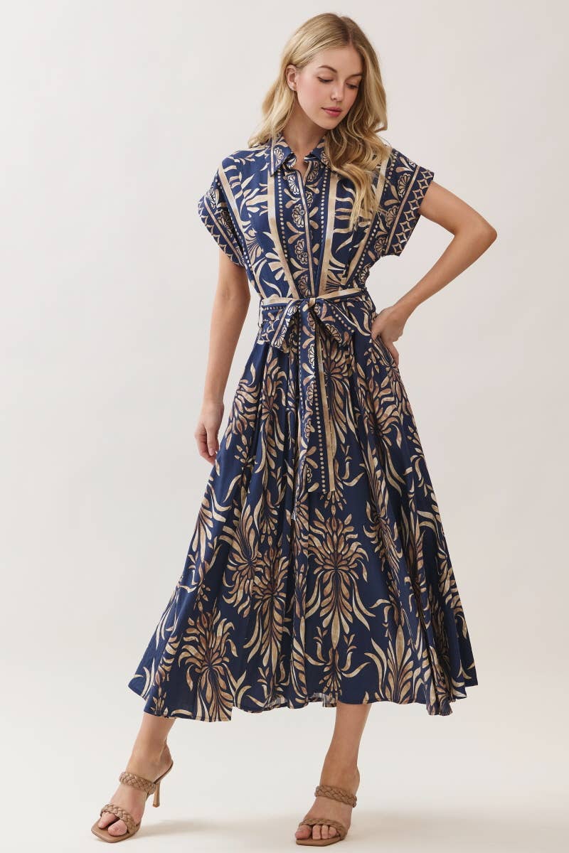 Boarder Print Button Down Maxi Dress Navy