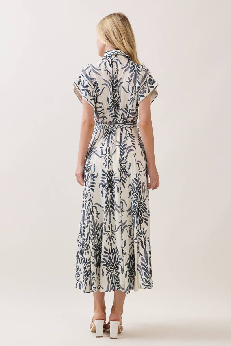 Boarder Print Button Down Maxi Dress Blue