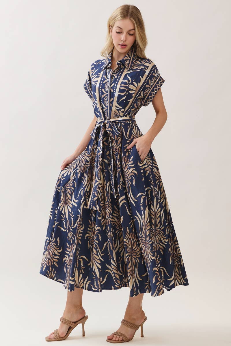 Boarder Print Button Down Maxi Dress Navy