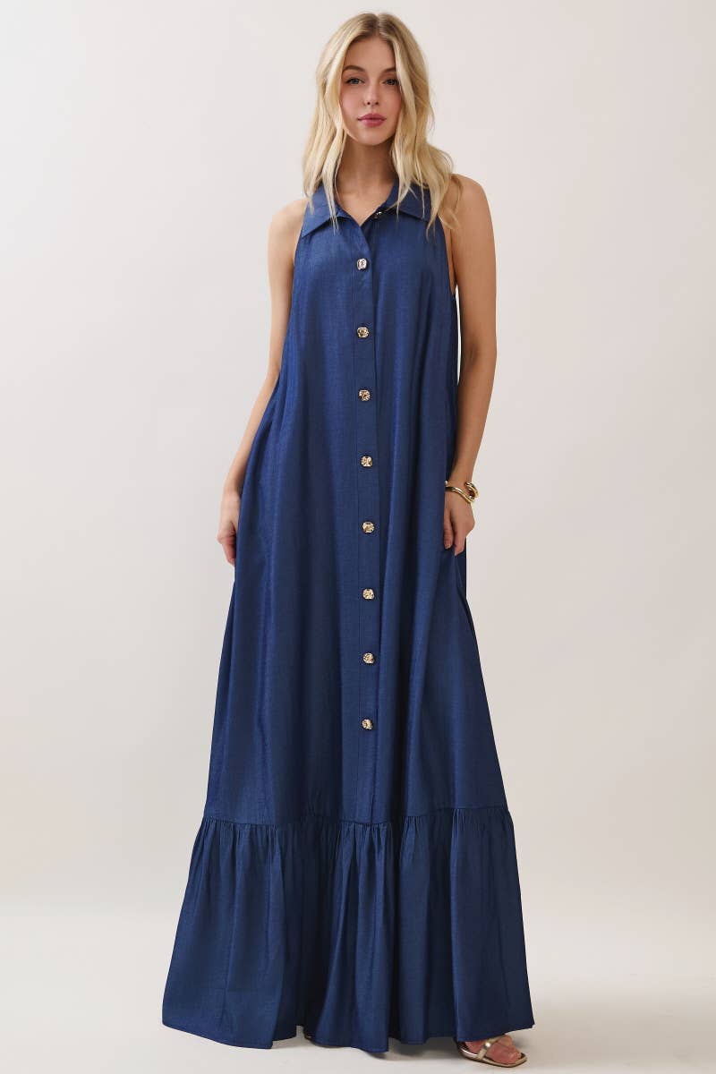 Solid Sleeveless Button Down Maxi Dress Denim Blue