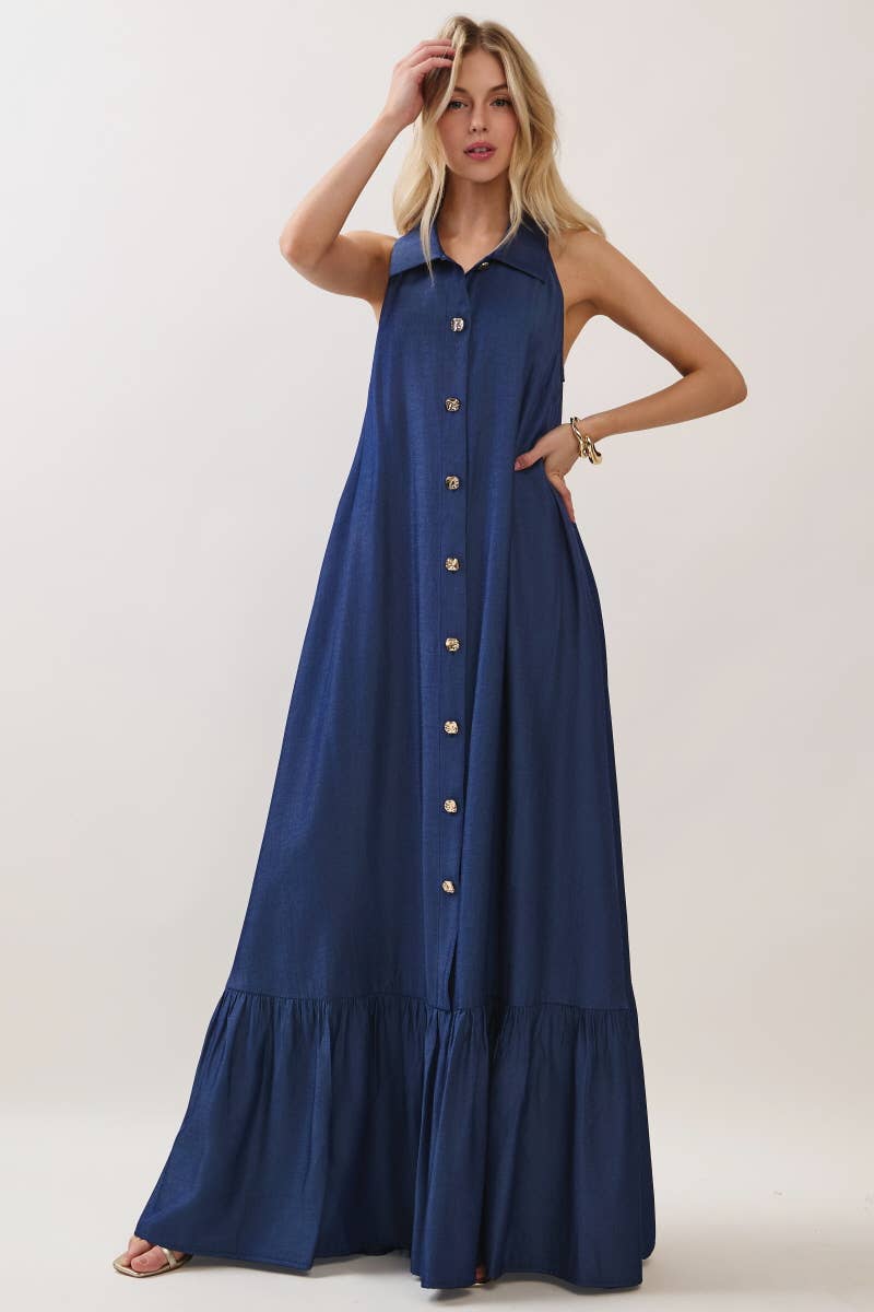 Solid Sleeveless Button Down Maxi Dress Denim Blue