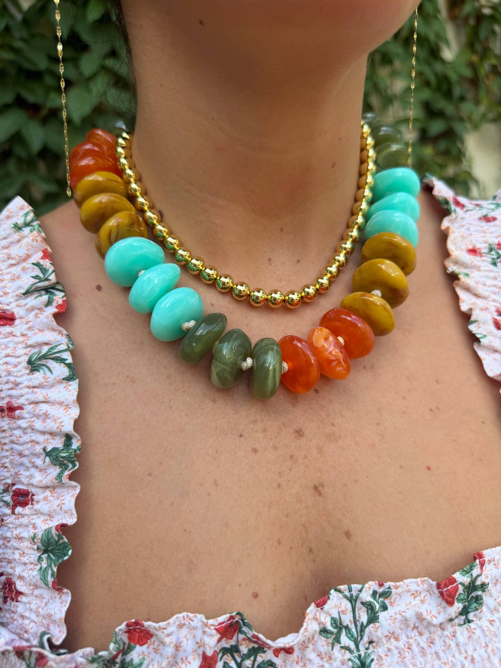 Gemelli Delray Chunky Beaded Necklace- Turquoise/Orange Mix