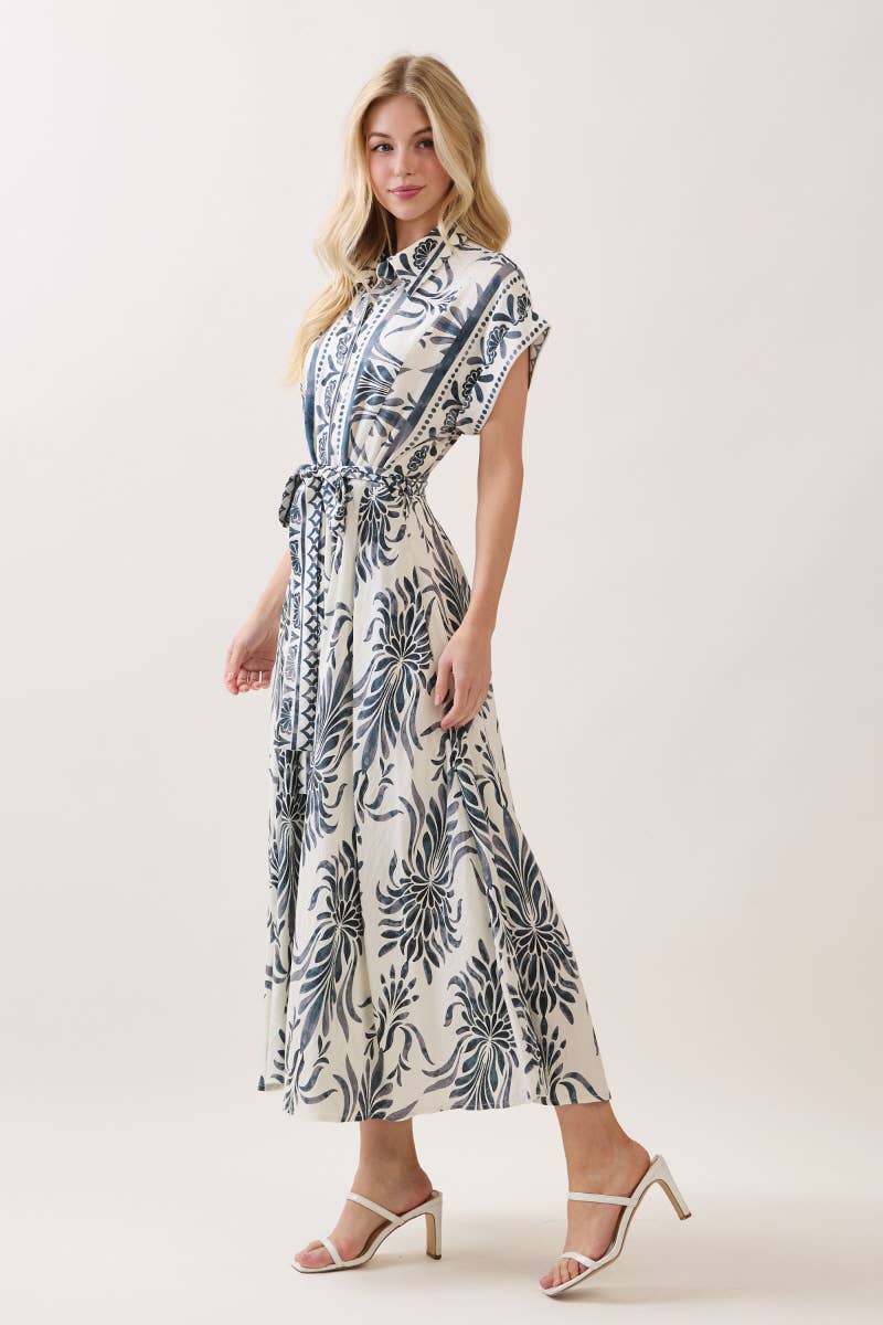 Boarder Print Button Down Maxi Dress Blue