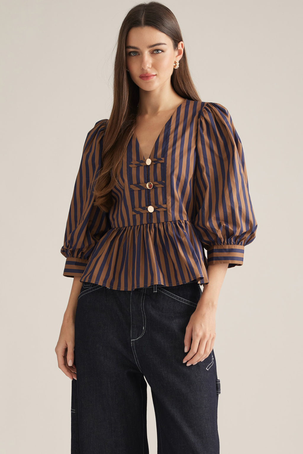 Entro Stripe Blouse Navy and Brown